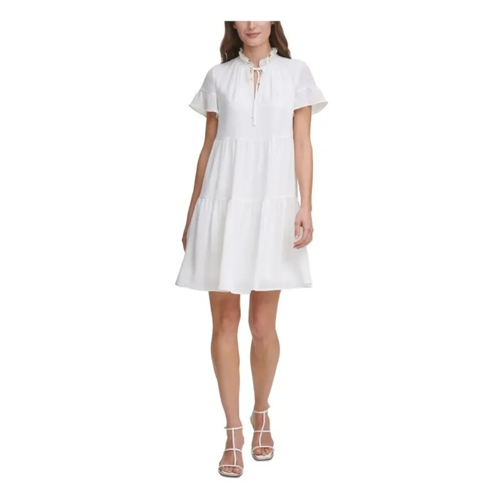 DKNY Womens Ruffled Gauze Short Sleeve Tie Neck Short Evening Fit + Flare Dress